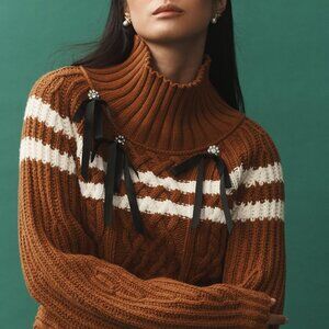 012 Maeve Turtleneck Balloon-Sleeve Bow Sweater in Honey  NWT Size Large